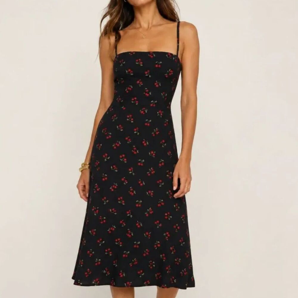Reformation Afternoon Dress Black Cherry Print Smocked Midi Size 8